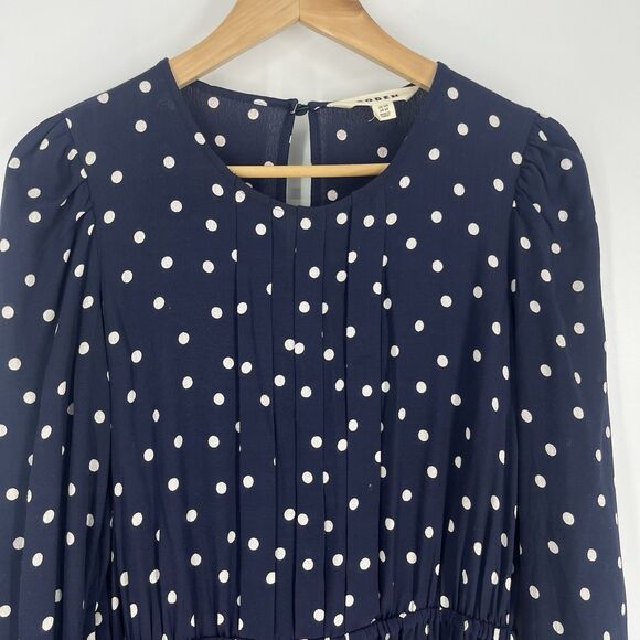 Boden Mini Dress Size 8 Women Navy Pleated Peplum Long Sleeve Polka Dot Print - Picture 3 of 8